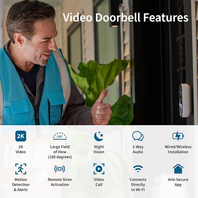 ARLO Video Doorbell 2K (2nd Gen, Latest Release), Wireless or Wired Option, 2-Way Audio, Night Vision, Head to Toe Video View, Package Detection, Person & Vehicle Recognition, 1-Month Secure Plan - Image 1